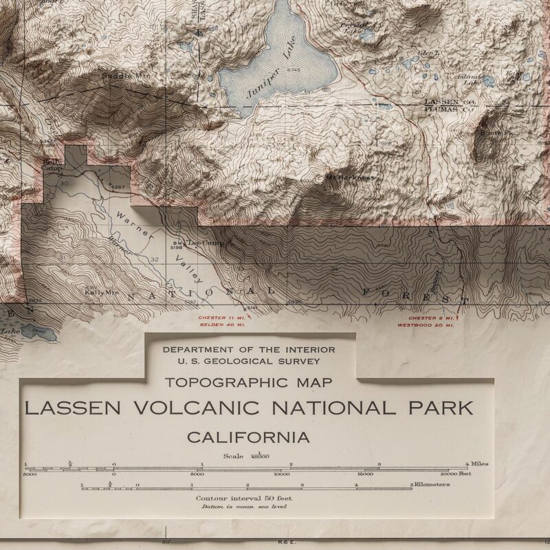 Lassen Volcanic National Park Map : Shaded relief map – flat print (not a 3D raised map)