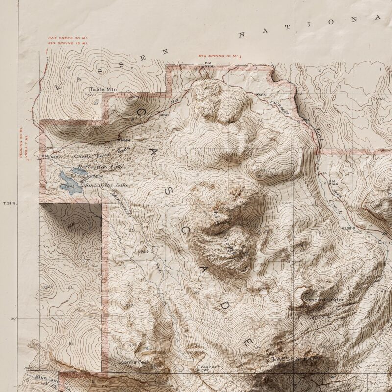 Lassen Volcanic National Park Map : Shaded relief map – flat print (not a 3D raised map)