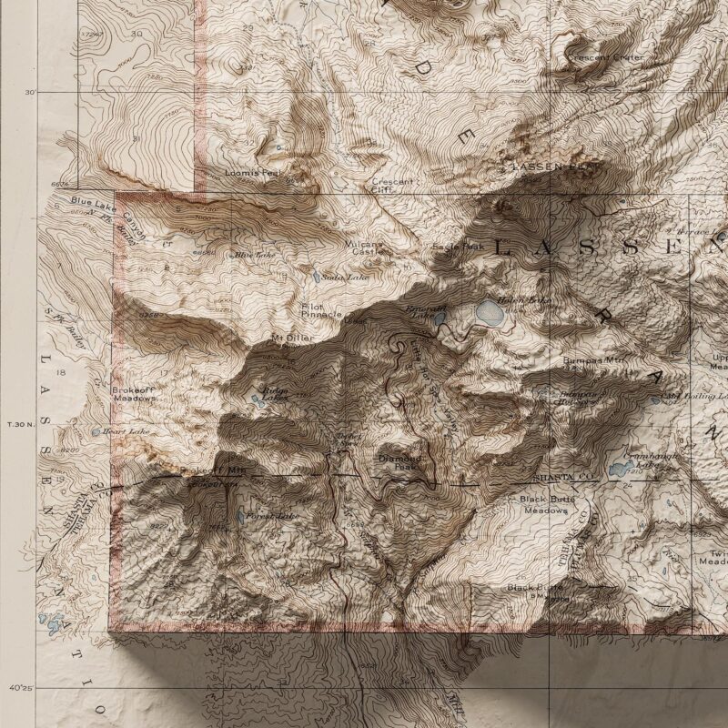 Lassen Volcanic National Park Map : Shaded relief map – flat print (not a 3D raised map)