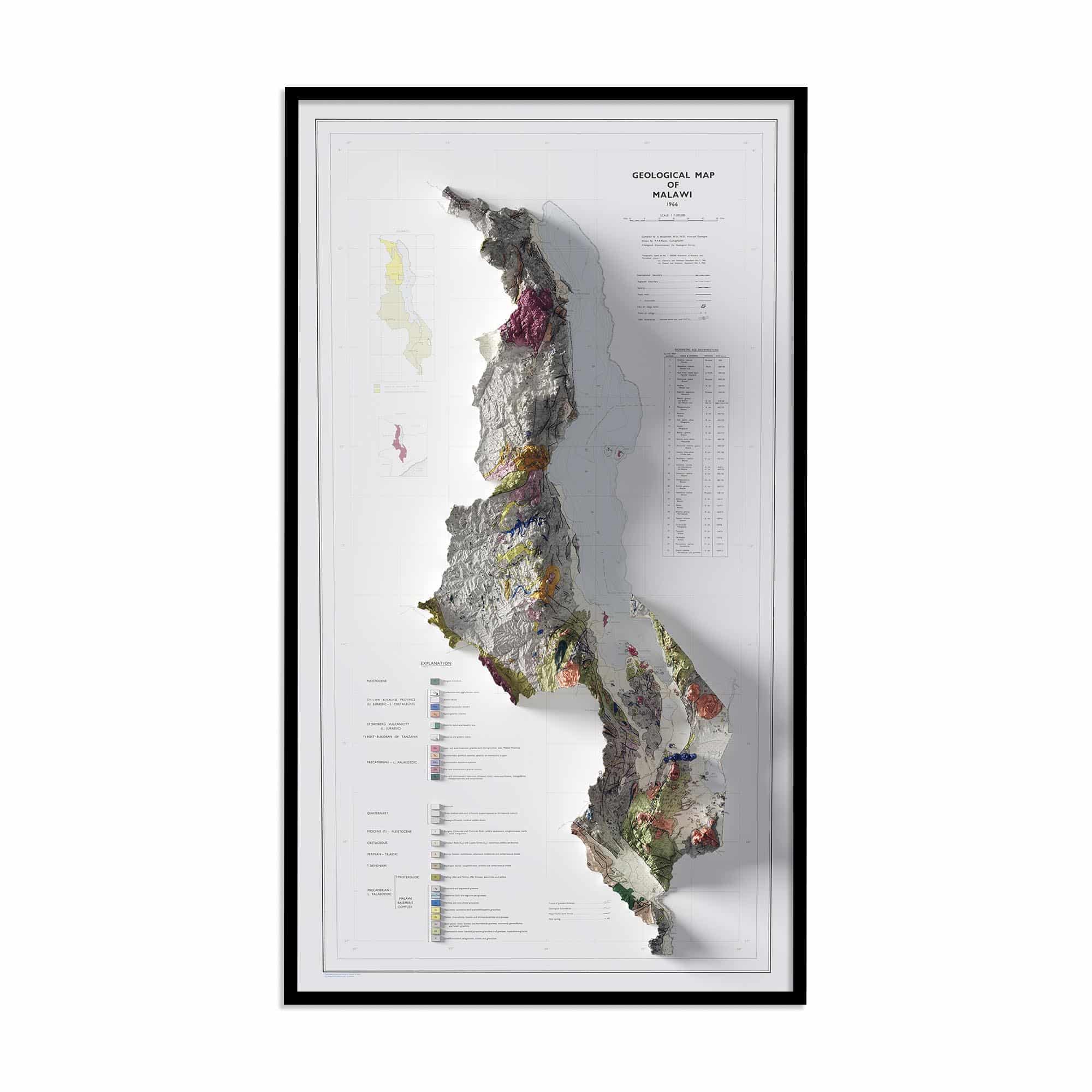 Malawi Map 1966, Geology :Shaded relief map – flat print (not a 3D raised map)