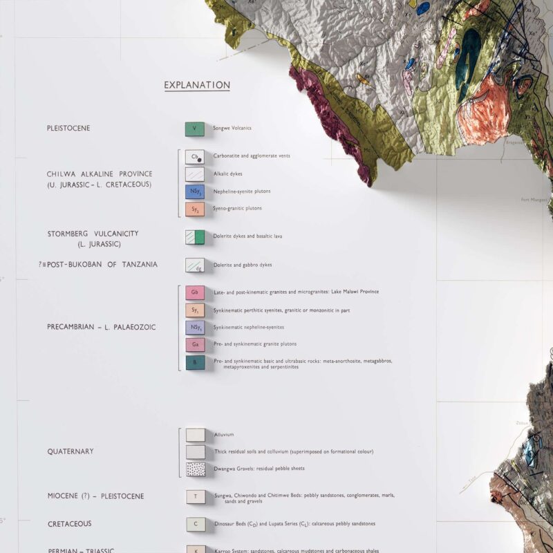 Malawi Map 1966, Geology :Shaded relief map – flat print (not a 3D raised map)
