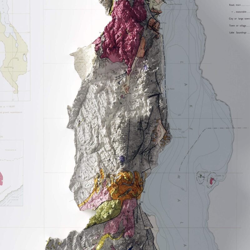 Malawi Map 1966, Geology :Shaded relief map – flat print (not a 3D raised map)