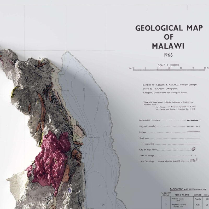 Malawi Map 1966, Geology :Shaded relief map – flat print (not a 3D raised map)