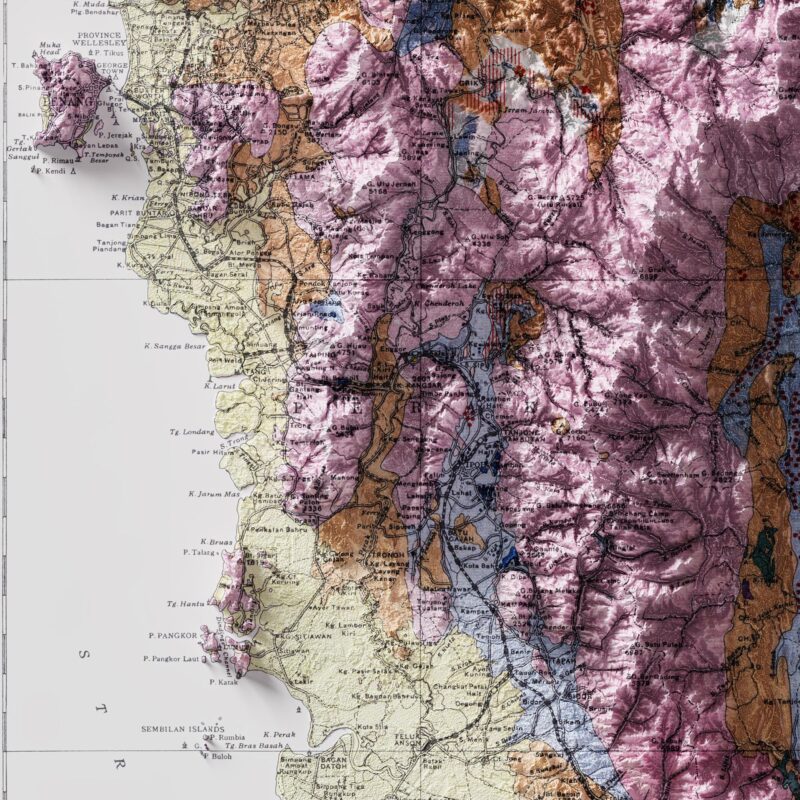 Malaysia Geological Map 1948 :Shaded relief map – flat print (not a 3D raised map)