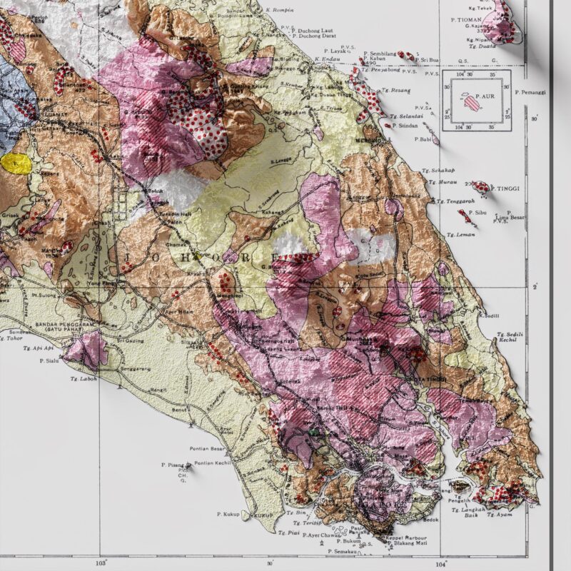 Malaysia Geological Map 1948 :Shaded relief map – flat print (not a 3D raised map)