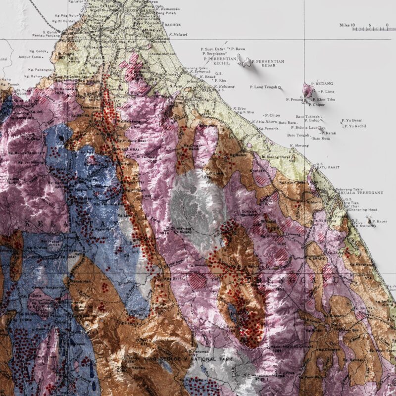 Malaysia Geological Map 1948 :Shaded relief map – flat print (not a 3D raised map)