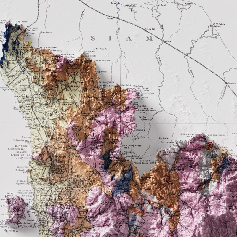 Malaysia Geological Map 1948 :Shaded relief map – flat print (not a 3D raised map)