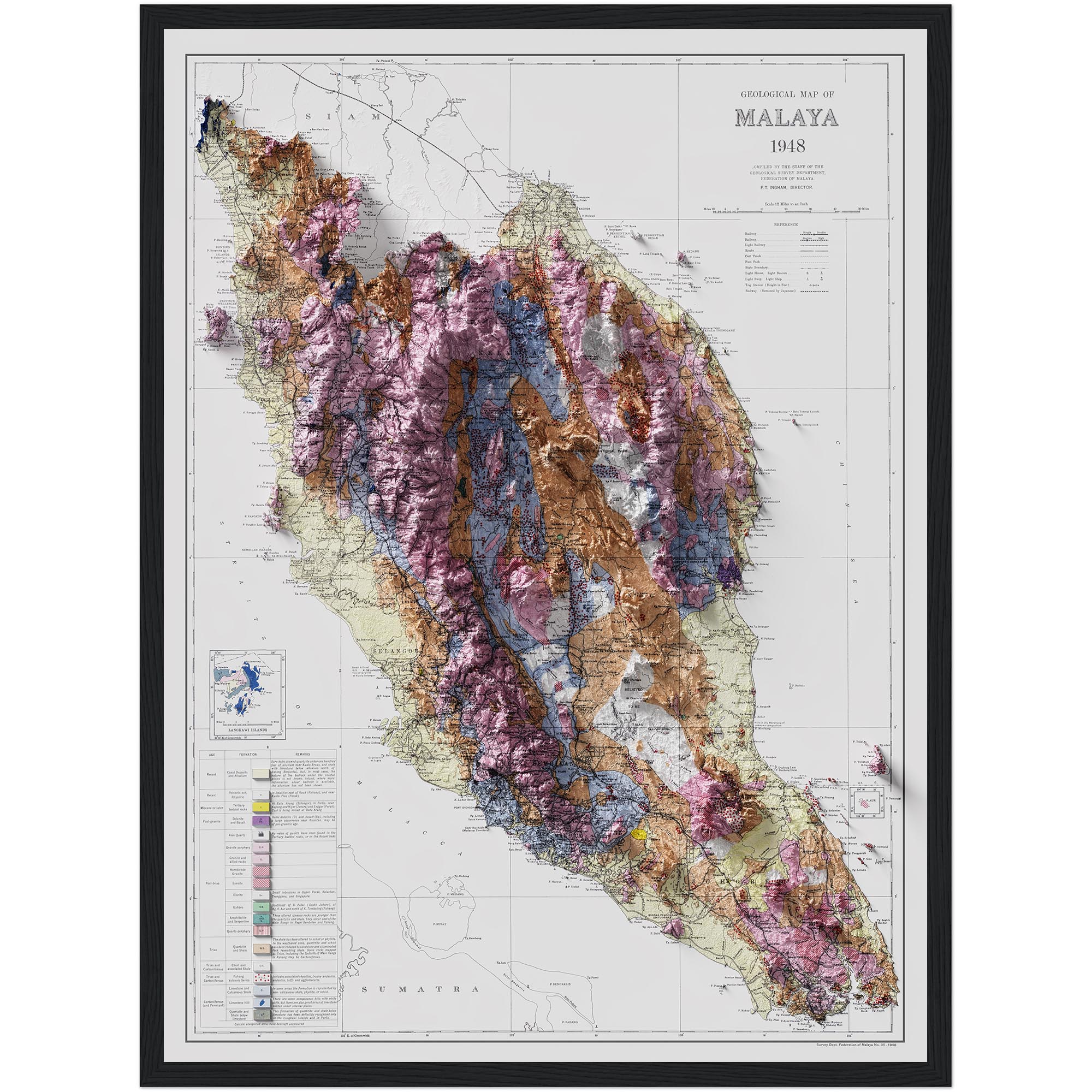 Malaysia Geological Map 1948 :Shaded relief map – flat print (not a 3D raised map)