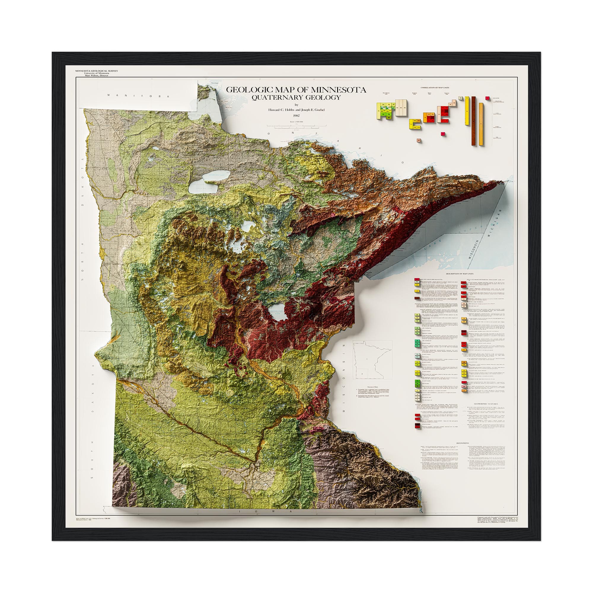 Minnesota Map 1982, Geology :Shaded relief map – flat print (not a 3D raised map)
