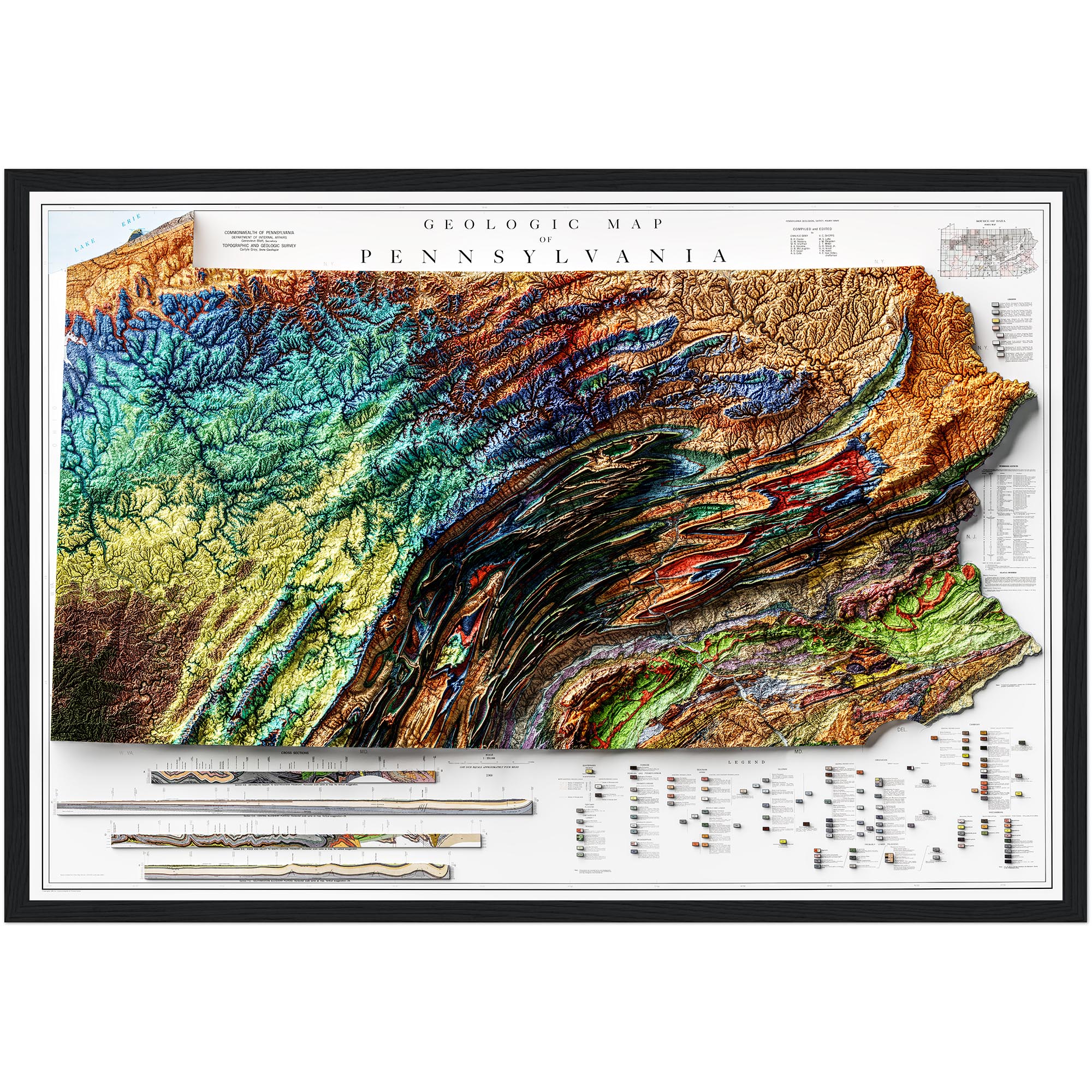 Pennsylvania Map 1960, Geology :Shaded relief map – flat print (not a 3D raised map)