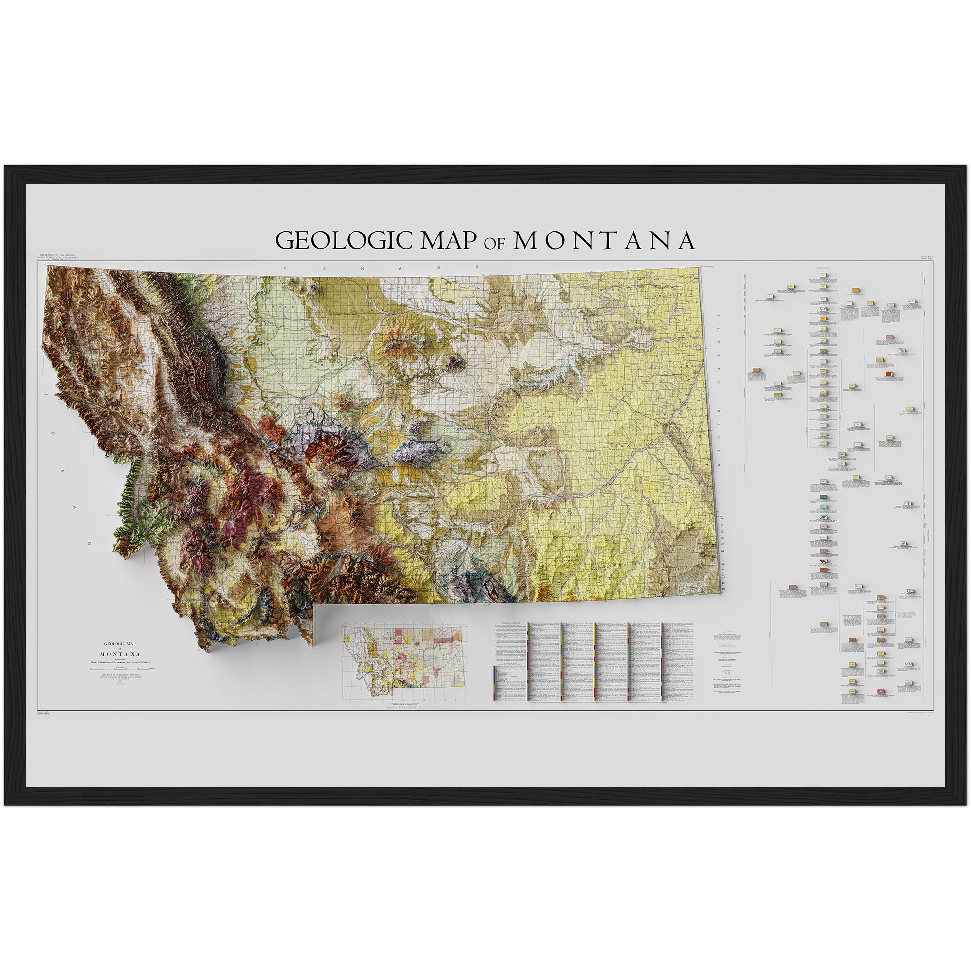 Montana Map 1955, Geology :Shaded relief map – flat print (not a 3D raised map)