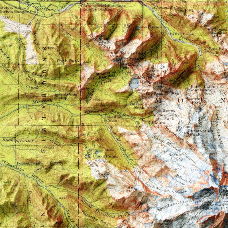 Mount Rainier Map 1924 :Shaded relief map – flat print (not a 3D raised map)