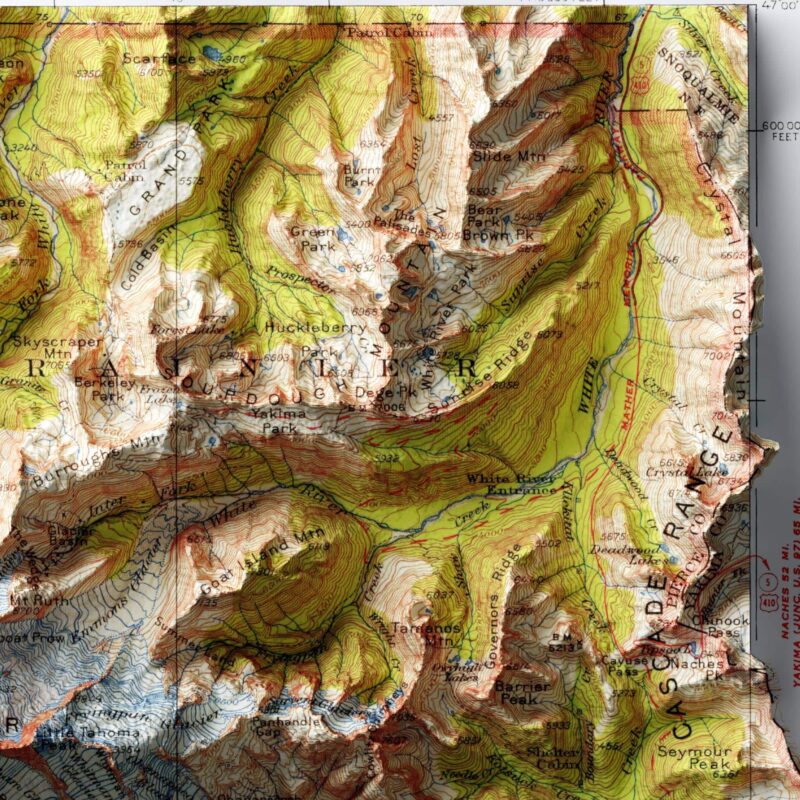 Mount Rainier Map 1924 :Shaded relief map – flat print (not a 3D raised map)