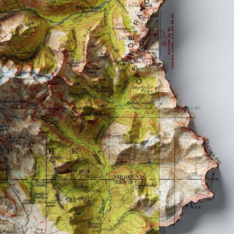 Mount Rainier Map 1924 :Shaded relief map – flat print (not a 3D raised map)