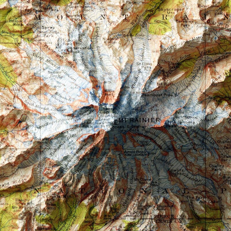 Mount Rainier Map 1924 :Shaded relief map – flat print (not a 3D raised map)