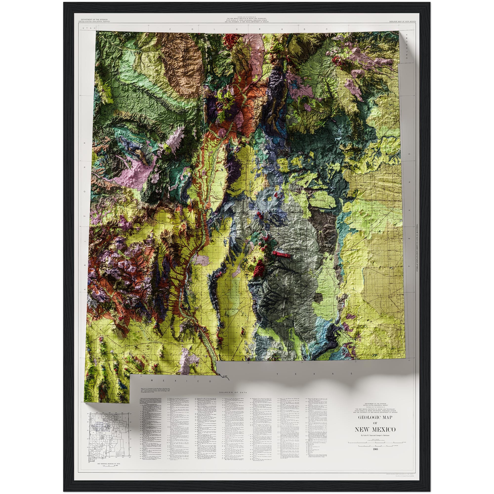 New Mexico Geologic Map 1965 :Shaded relief map – flat print (not a 3D raised map)