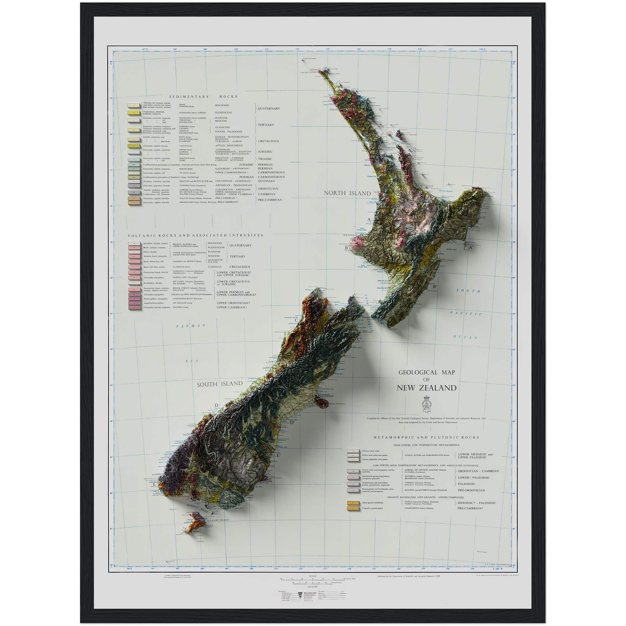 New Zealand Geological Map 1958 :Shaded relief map – flat print (not a 3D raised map)