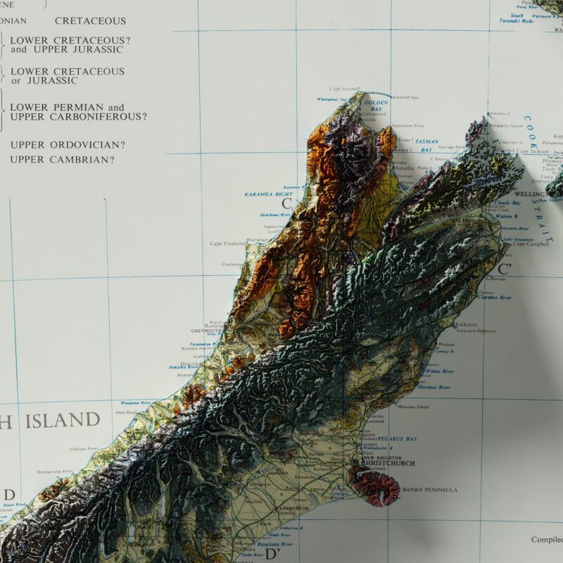 New Zealand Geological Map 1958 :Shaded relief map – flat print (not a 3D raised map)