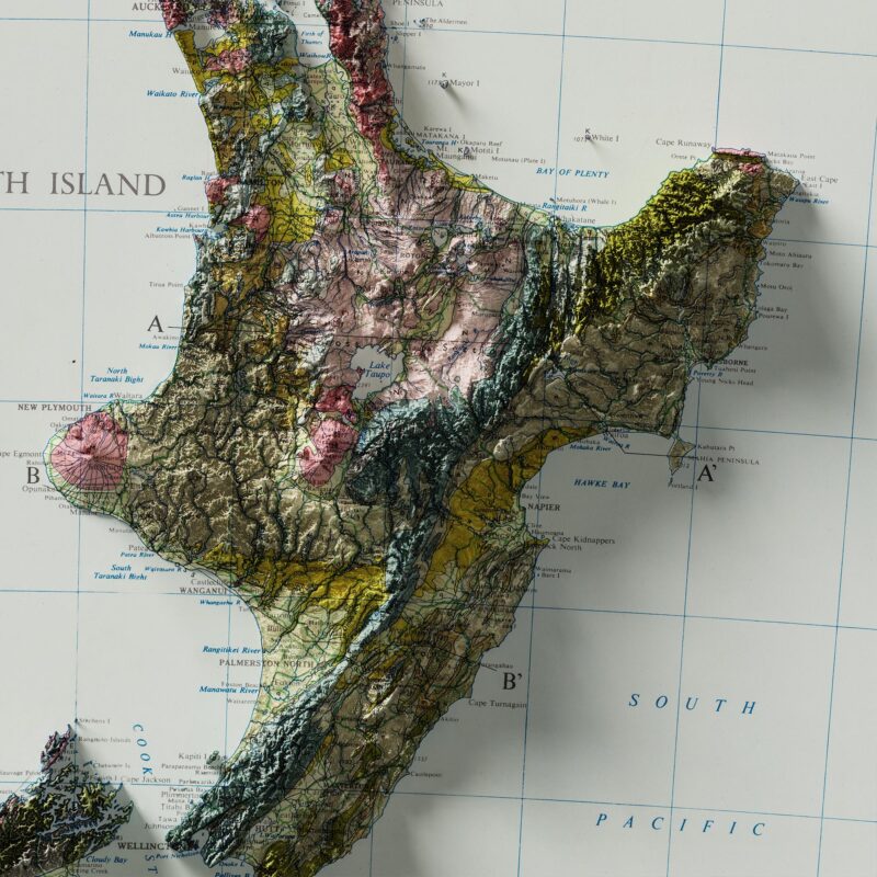 New Zealand Geological Map 1958 :Shaded relief map – flat print (not a 3D raised map)