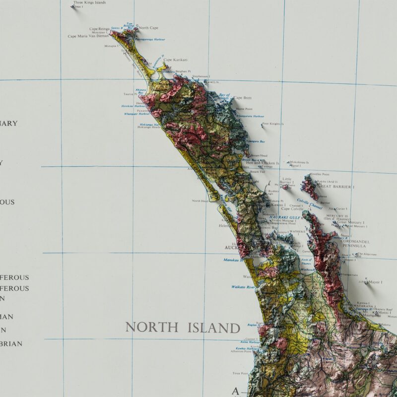 New Zealand Geological Map 1958 :Shaded relief map – flat print (not a 3D raised map)