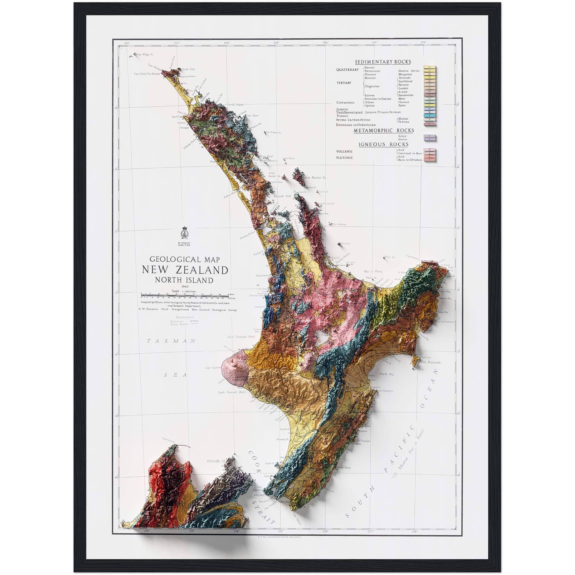 New Zealand North Island Map 1947 :Shaded relief map – flat print (not a 3D raised map)