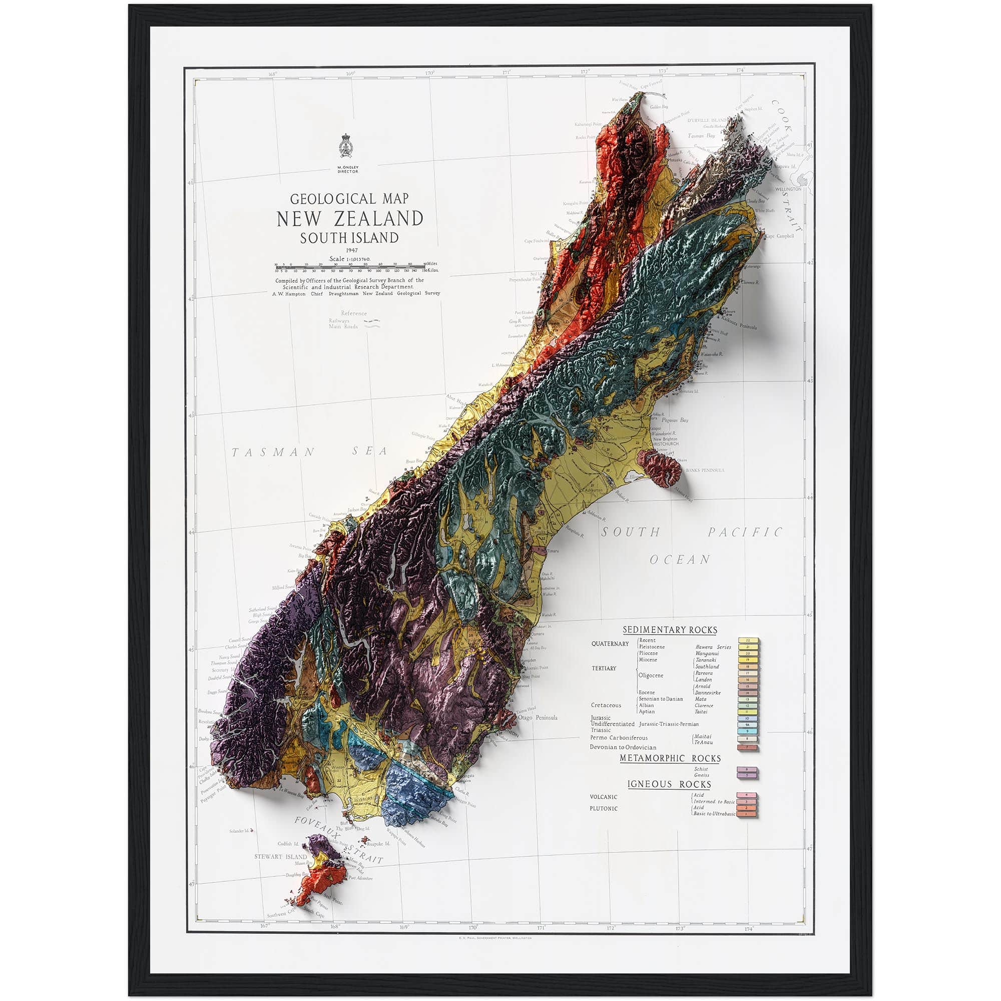 New Zealand South Island Geological Map 1947 :Shaded relief map – flat print (not a 3D raised map)