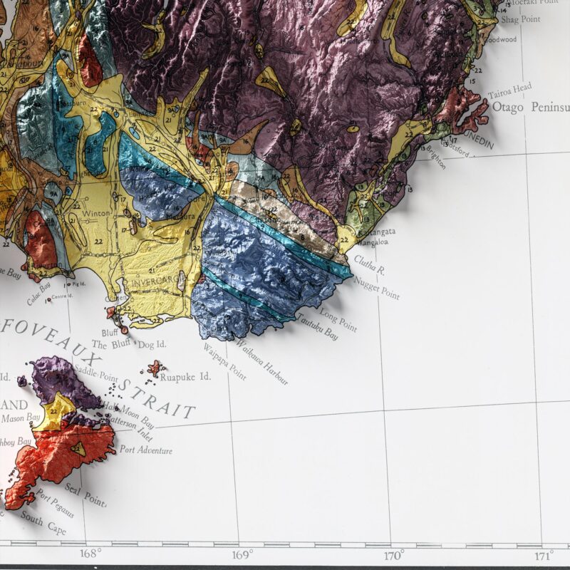 New Zealand South Island Geological Map 1947 :Shaded relief map – flat print (not a 3D raised map)