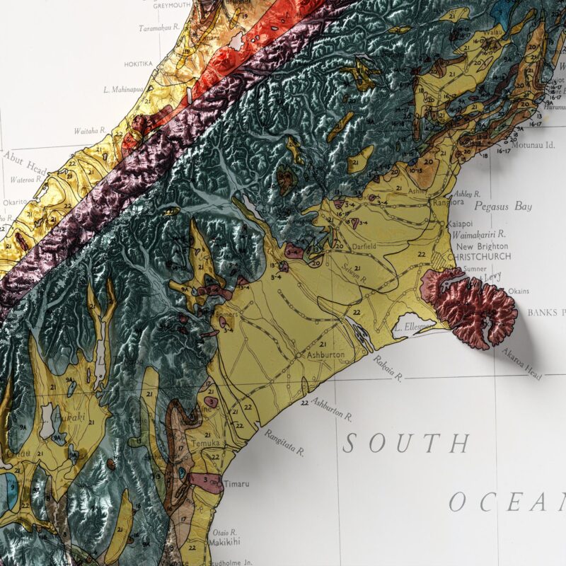 New Zealand South Island Geological Map 1947 :Shaded relief map – flat print (not a 3D raised map)