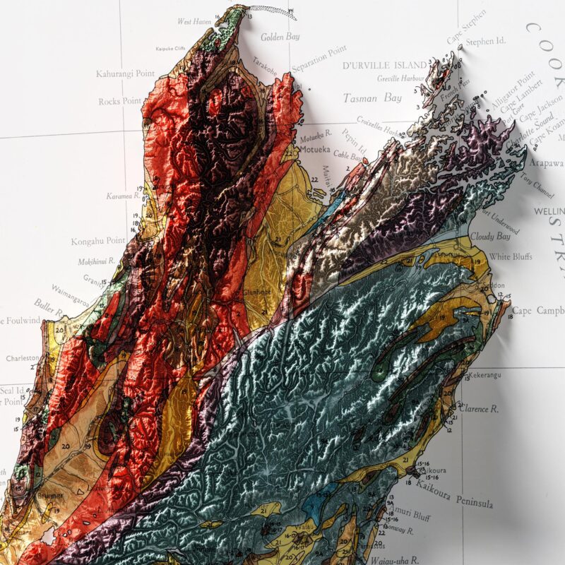 New Zealand South Island Geological Map 1947 :Shaded relief map – flat print (not a 3D raised map)
