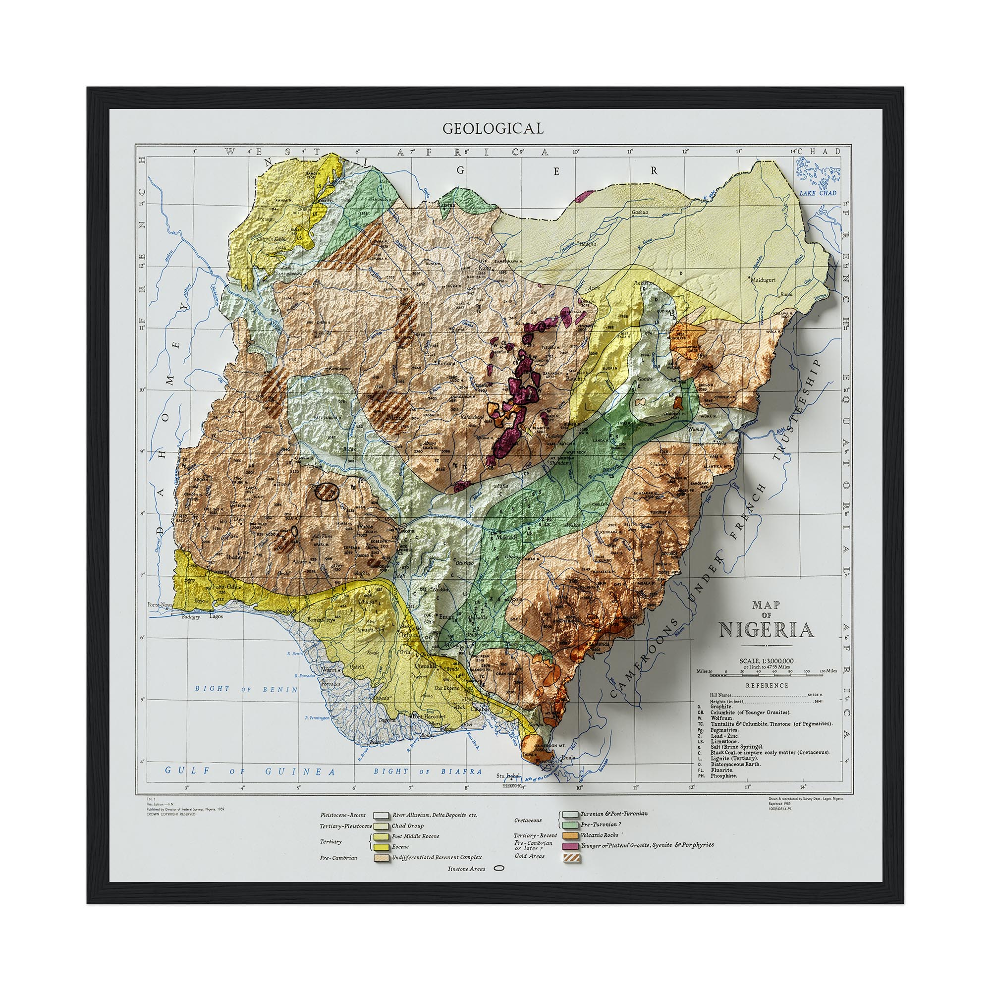 Nigeria Map 1959, Geology :Shaded relief map – flat print (not a 3D raised map)