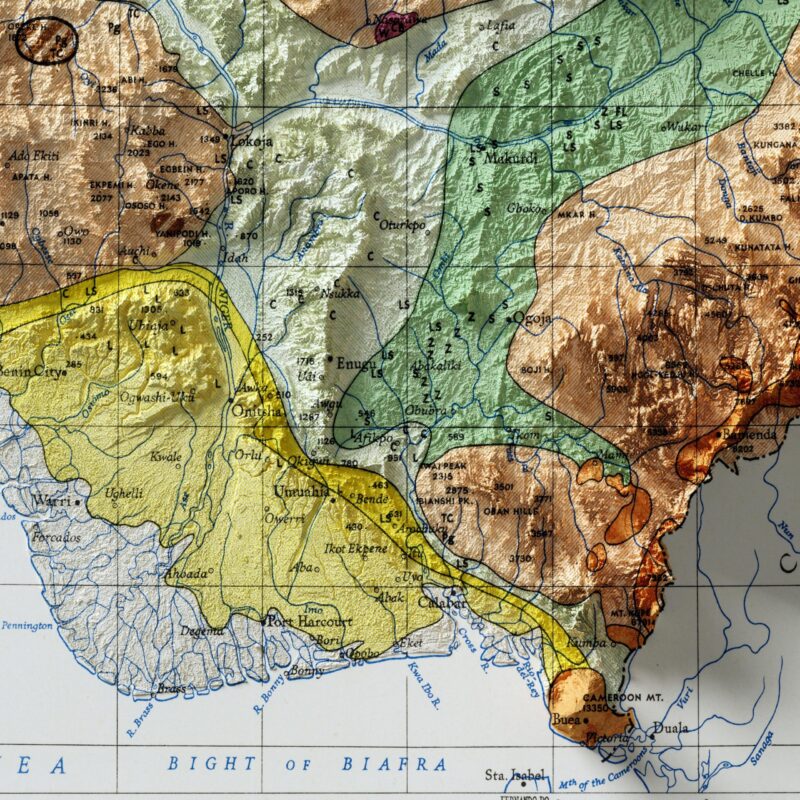 Nigeria Map 1959, Geology :Shaded relief map – flat print (not a 3D raised map)