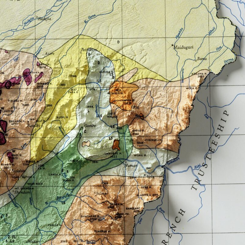 Nigeria Map 1959, Geology :Shaded relief map – flat print (not a 3D raised map)