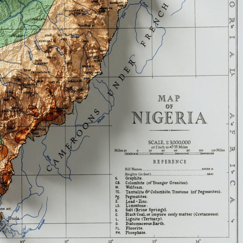 Nigeria Map 1959, Geology :Shaded relief map – flat print (not a 3D raised map)