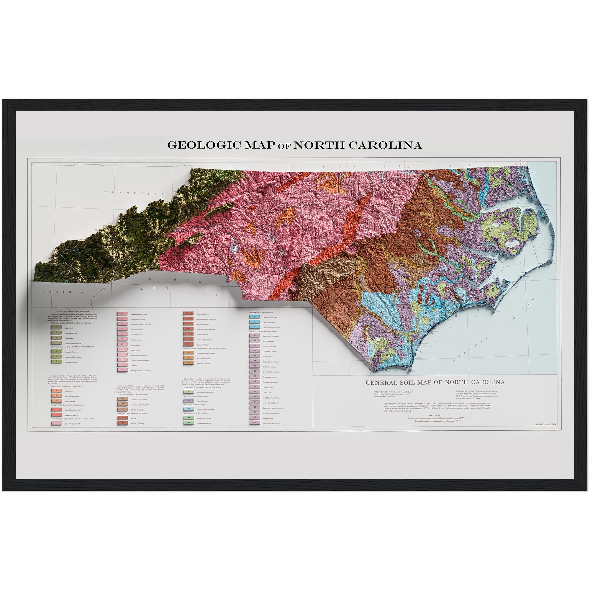 North Carolina Map 1990, Geology :Shaded relief map – flat print (not a 3D raised map)