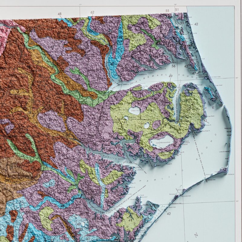 North Carolina Map 1990, Geology :Shaded relief map – flat print (not a 3D raised map)