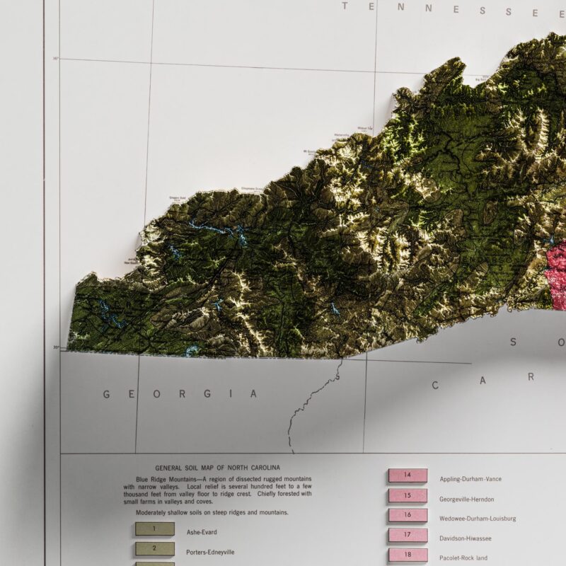 North Carolina Map 1990, Geology :Shaded relief map – flat print (not a 3D raised map)