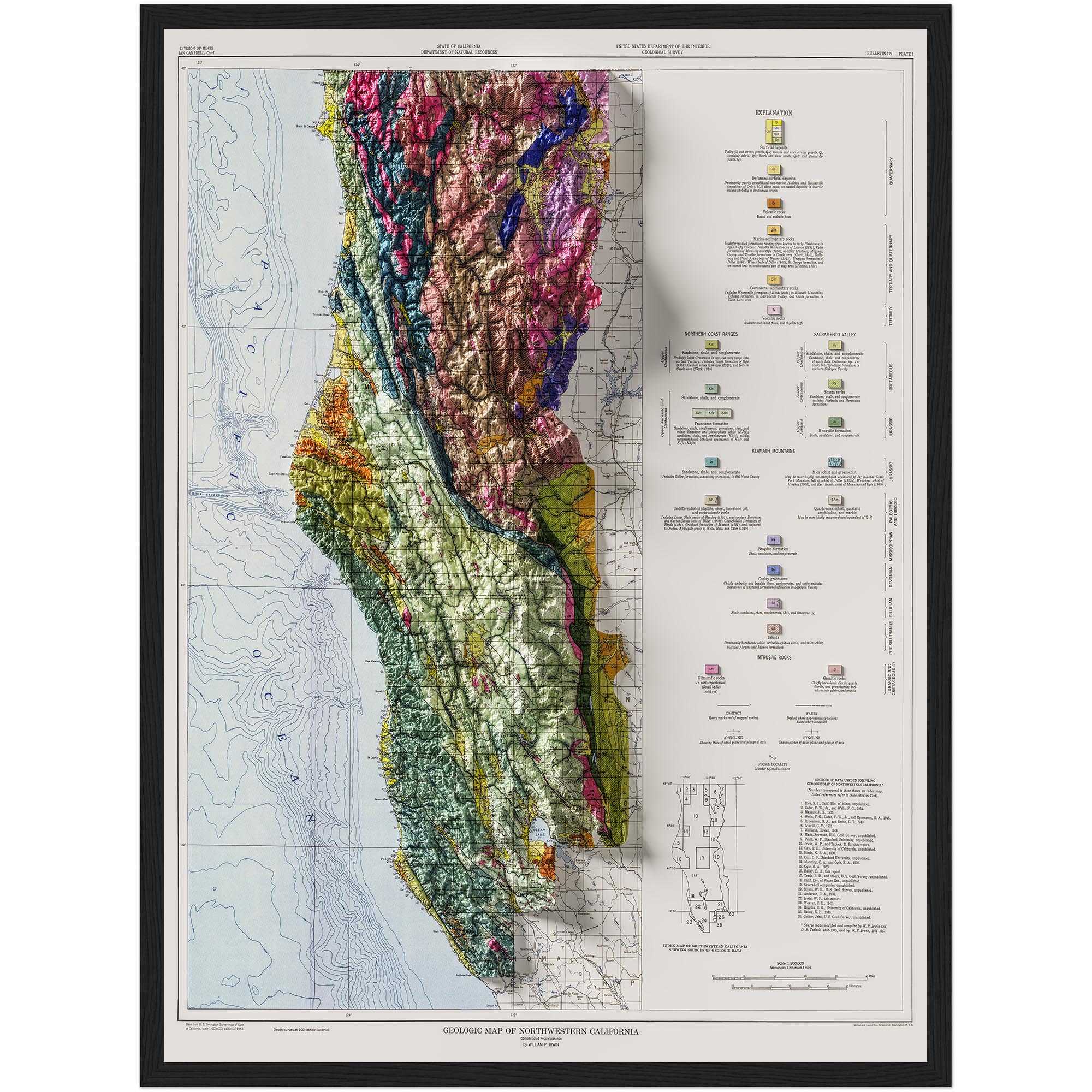 Map Of Northern California 1953 :Shaded relief map – flat print (not a 3D raised map)