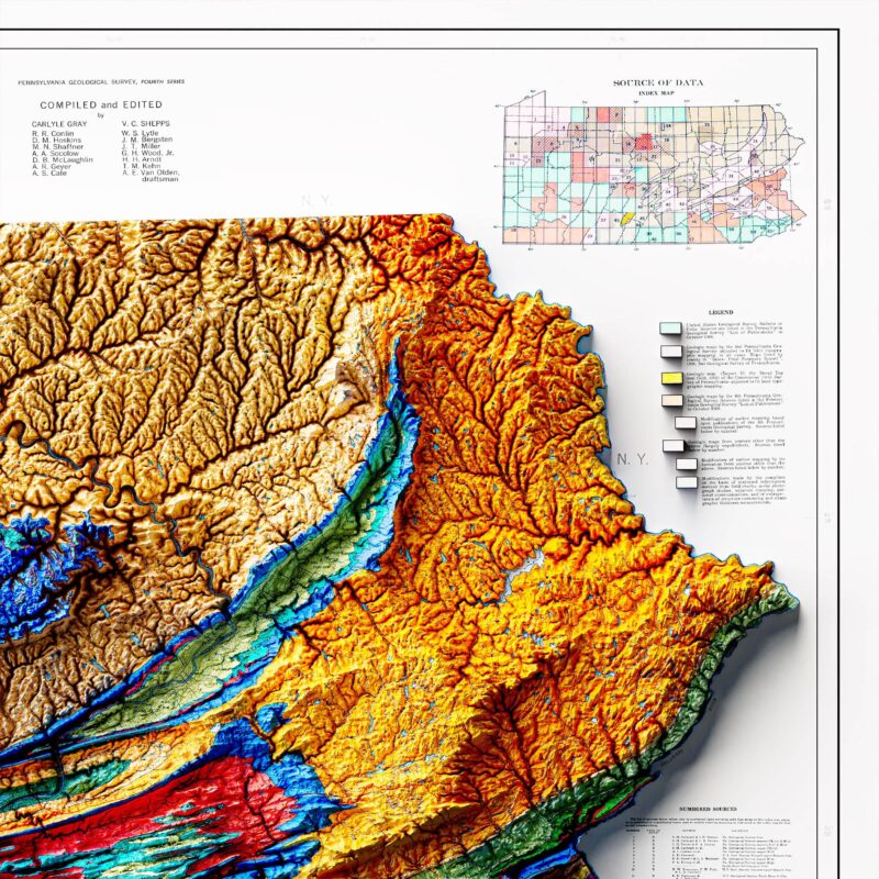 Pennsylvania Map 1960, Geology :Shaded relief map – flat print (not a 3D raised map)