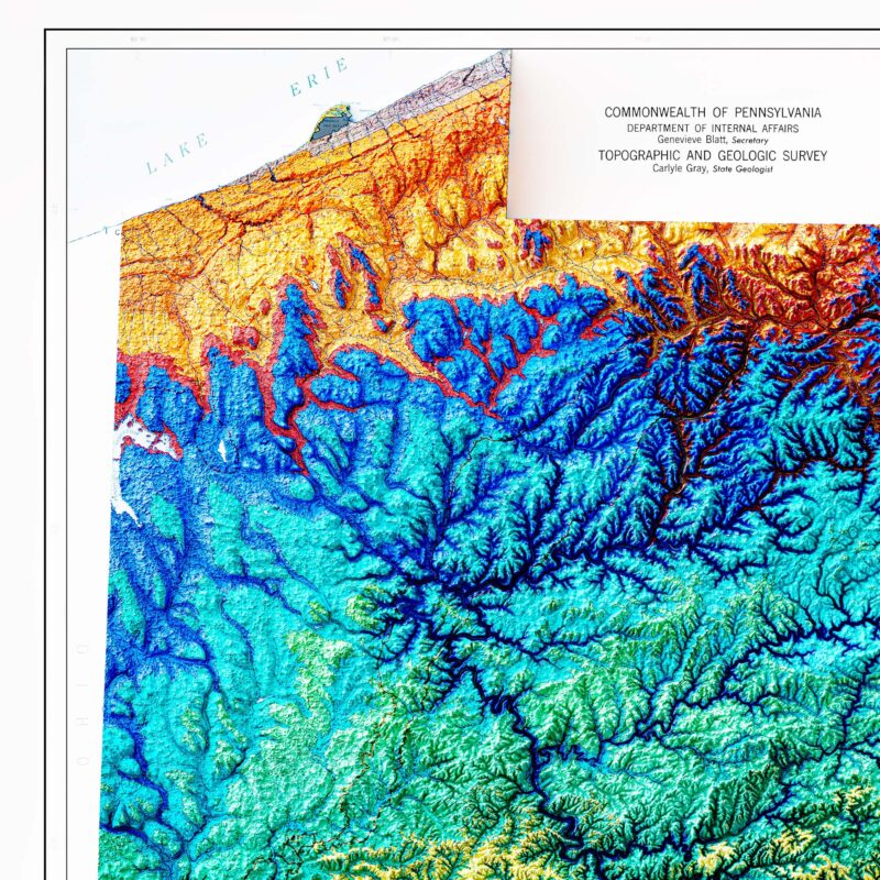 Pennsylvania Map 1960, Geology :Shaded relief map – flat print (not a 3D raised map)