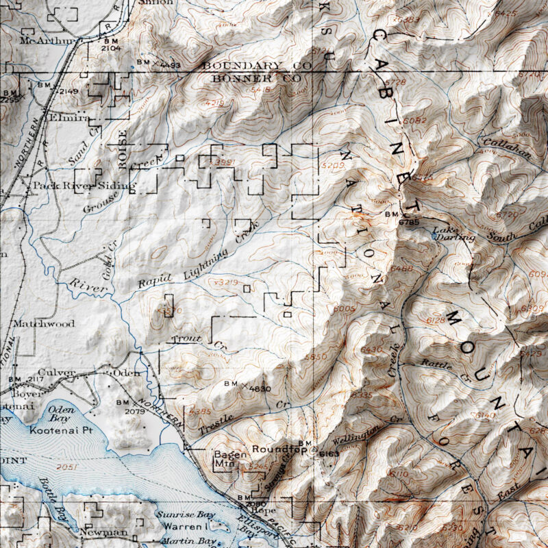 Priest Lake Map 1911, Topography :Shaded relief map – flat print (not a 3D raised map)