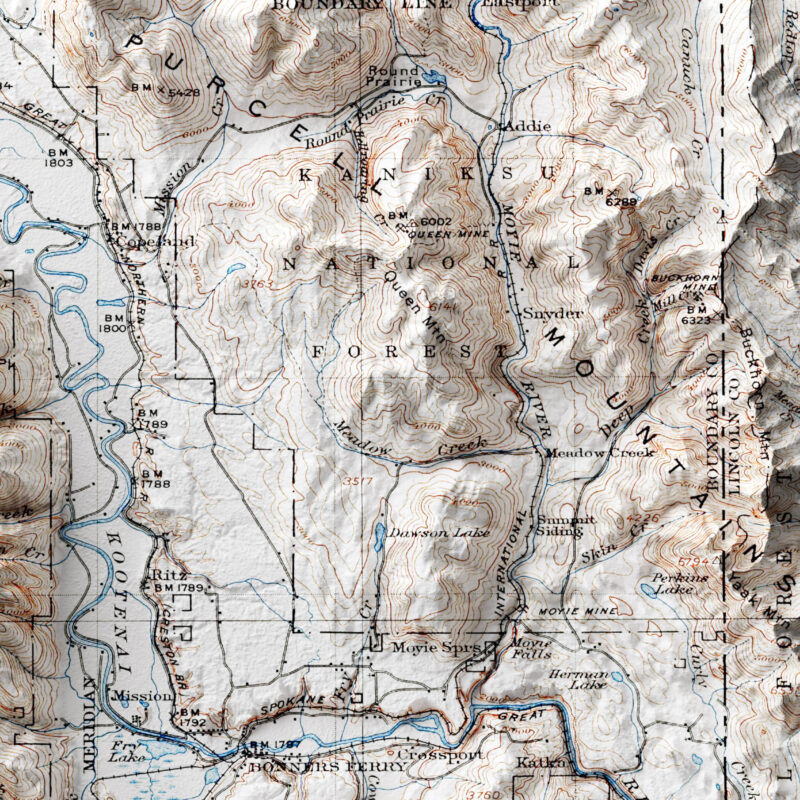 Priest Lake Map 1911, Topography :Shaded relief map – flat print (not a 3D raised map)
