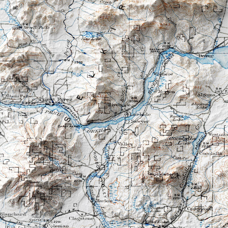 Priest Lake Map 1911, Topography :Shaded relief map – flat print (not a 3D raised map)