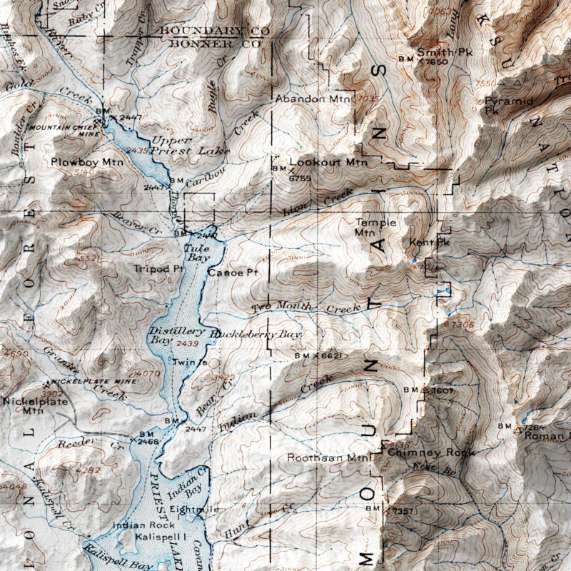 Priest Lake Map 1911, Topography :Shaded relief map – flat print (not a 3D raised map)