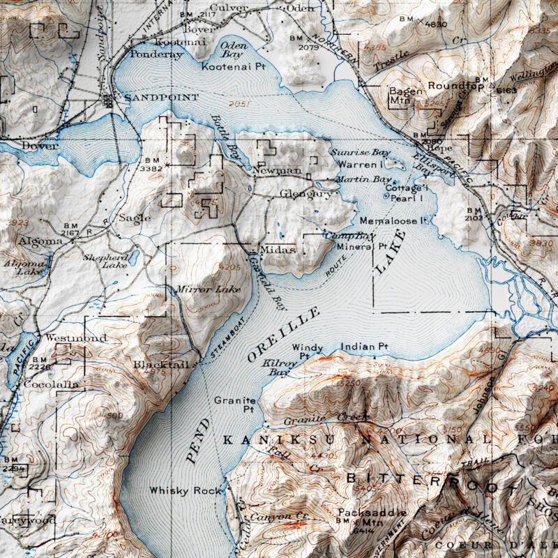 Priest Lake Map 1911, Topography :Shaded relief map – flat print (not a 3D raised map)