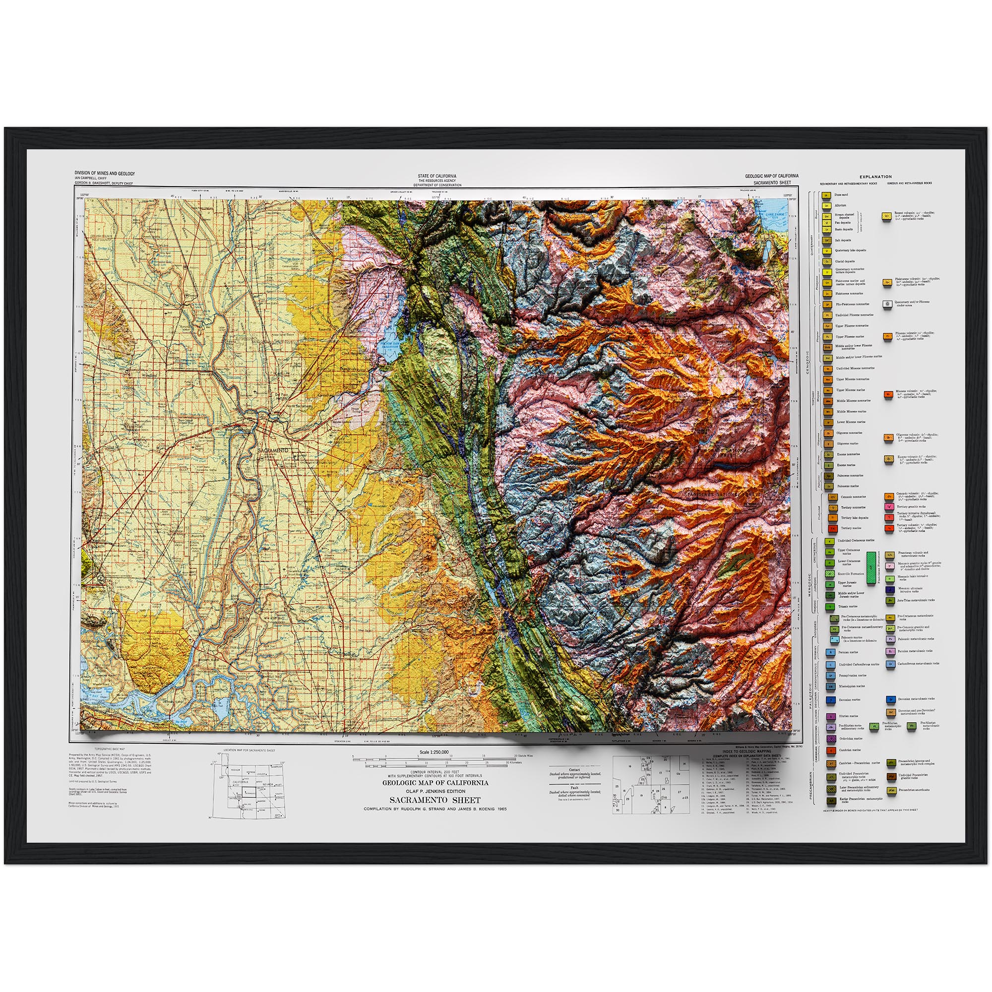 Sacramento Map 1965, Geology :Shaded relief map – flat print (not a 3D raised map)