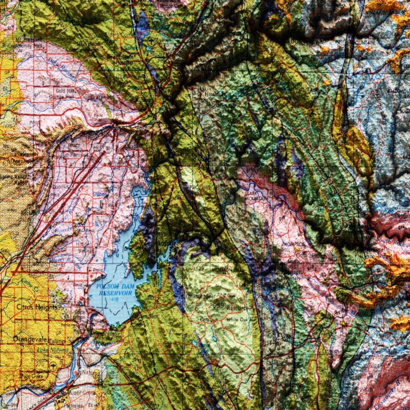 Sacramento Map 1965, Geology :Shaded relief map – flat print (not a 3D raised map)