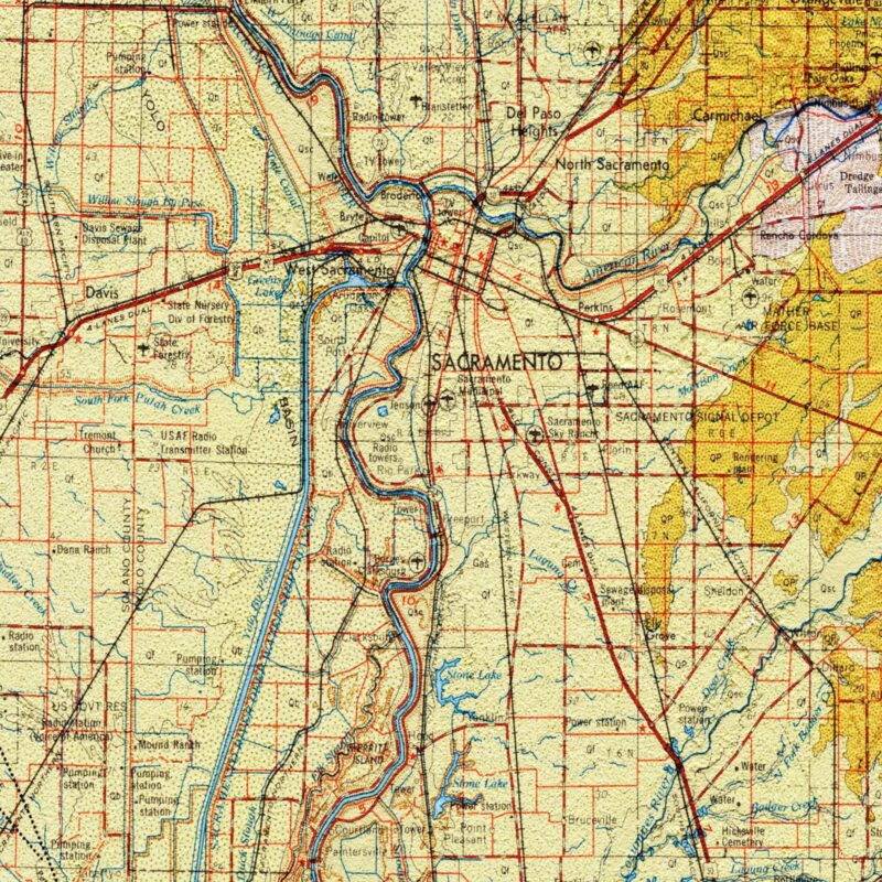 Sacramento Map 1965, Geology :Shaded relief map – flat print (not a 3D raised map)