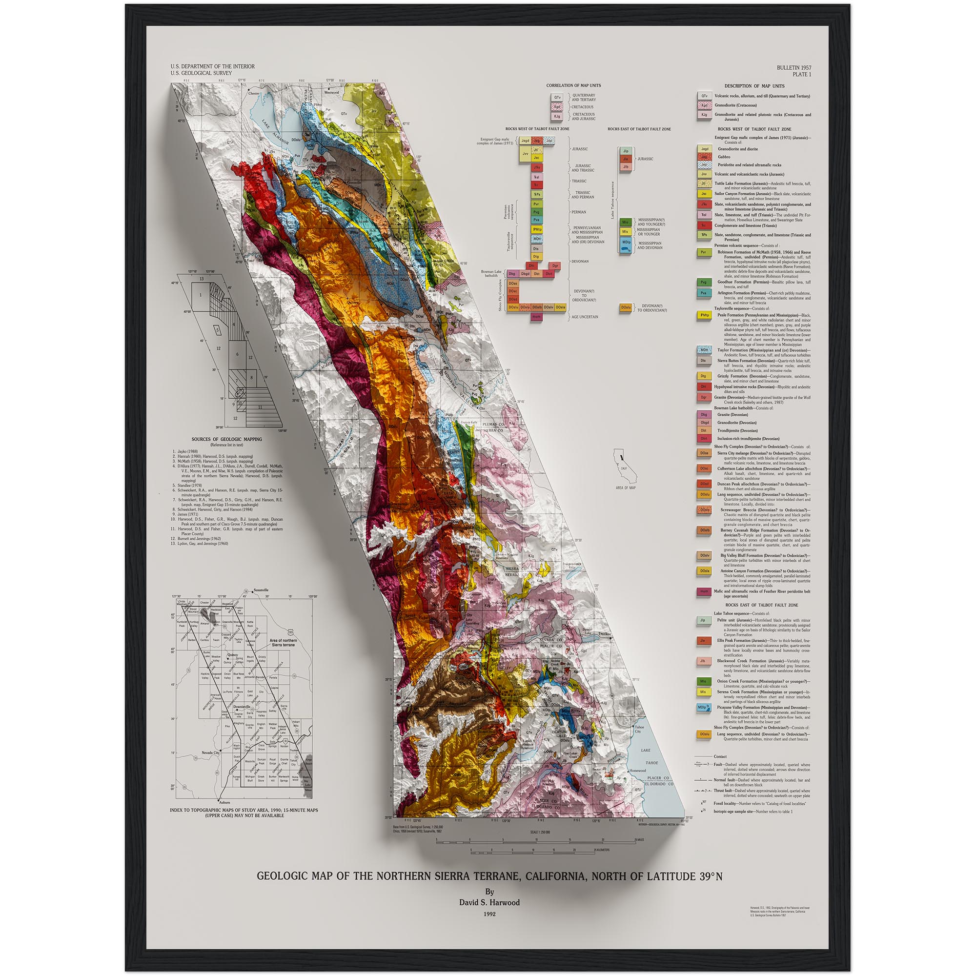 Sierra Nevada Map 1992, Geology :Shaded relief map – flat print (not a 3D raised map)