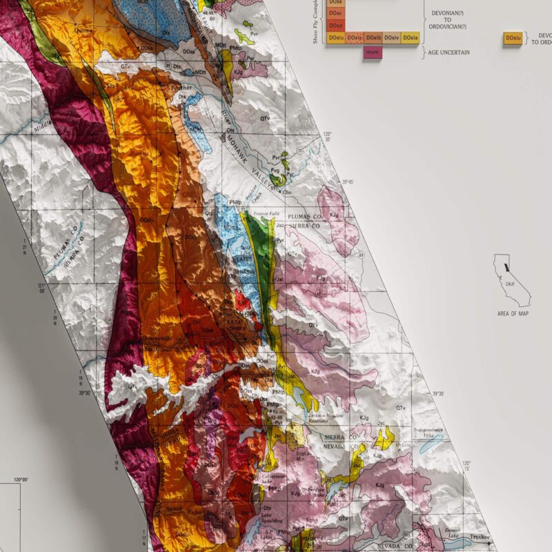 Sierra Nevada Map 1992, Geology :Shaded relief map – flat print (not a 3D raised map)