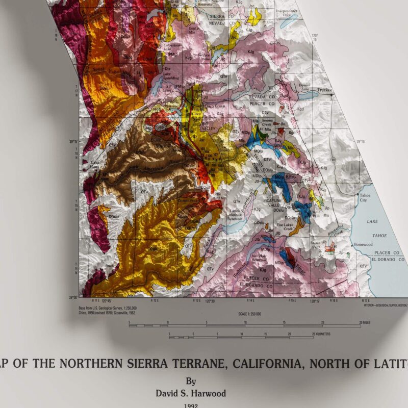 Sierra Nevada Map 1992, Geology :Shaded relief map – flat print (not a 3D raised map)